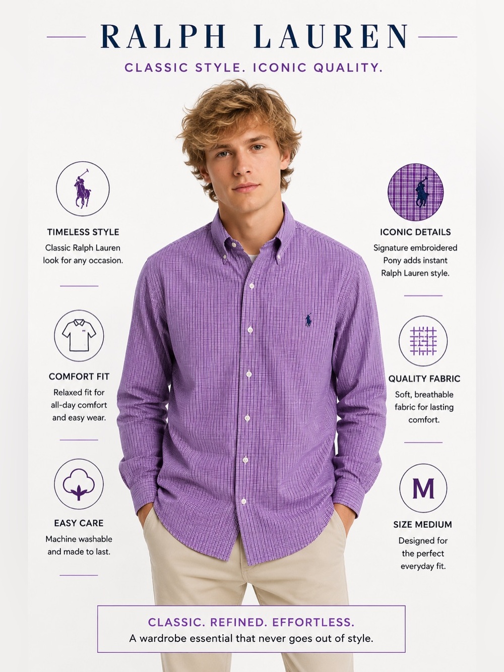 Ralph Lauren long sleeve button down shirt purple blue Preppy Old $ pony Logo